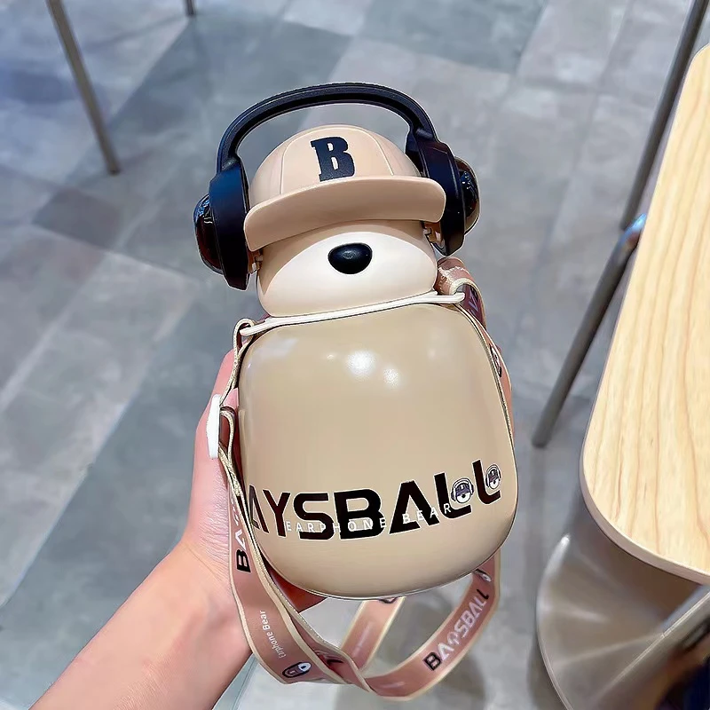 香港潮牌耳机熊可爱儿童保温杯316卡通高颜值吸管大学生喝水杯子