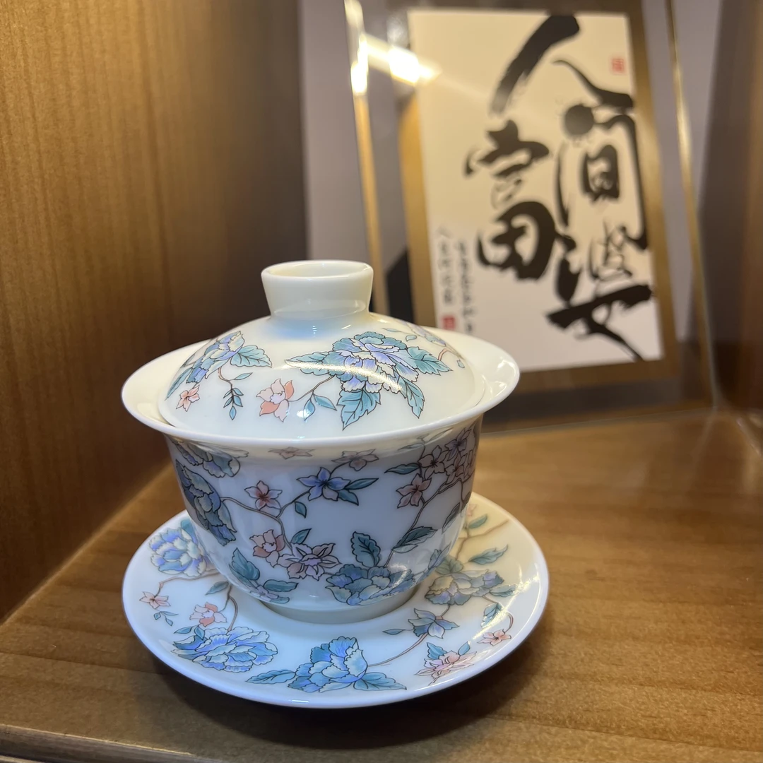 山茶花仿古宝石汝黄中式防烫家用陶瓷三才盖碗盖碗茶杯
