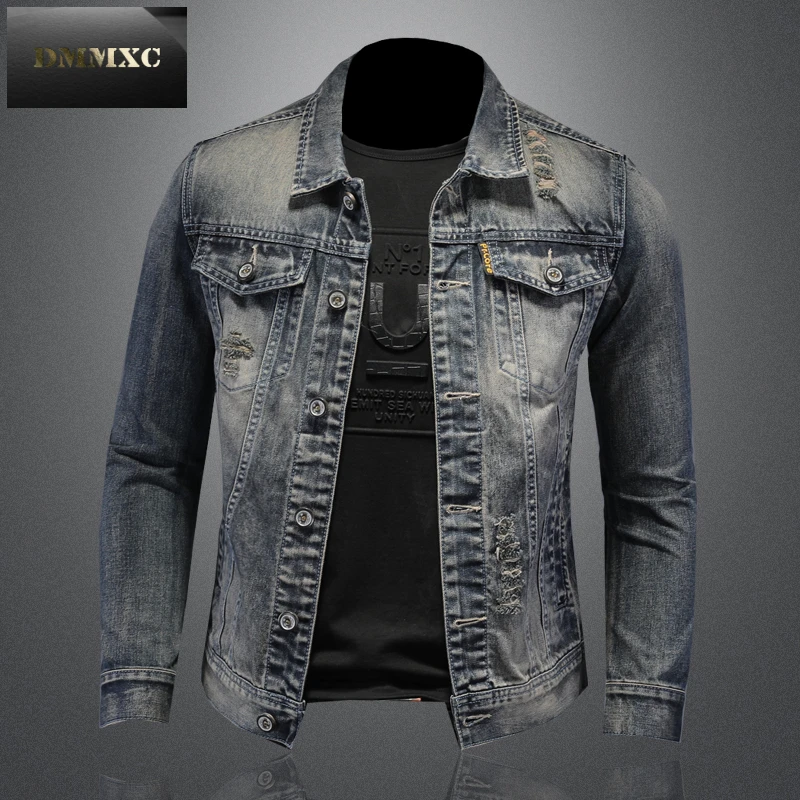 高级感翻领机车牛仔夹克个性复古修身时尚上衣男士休闲外套潮美式