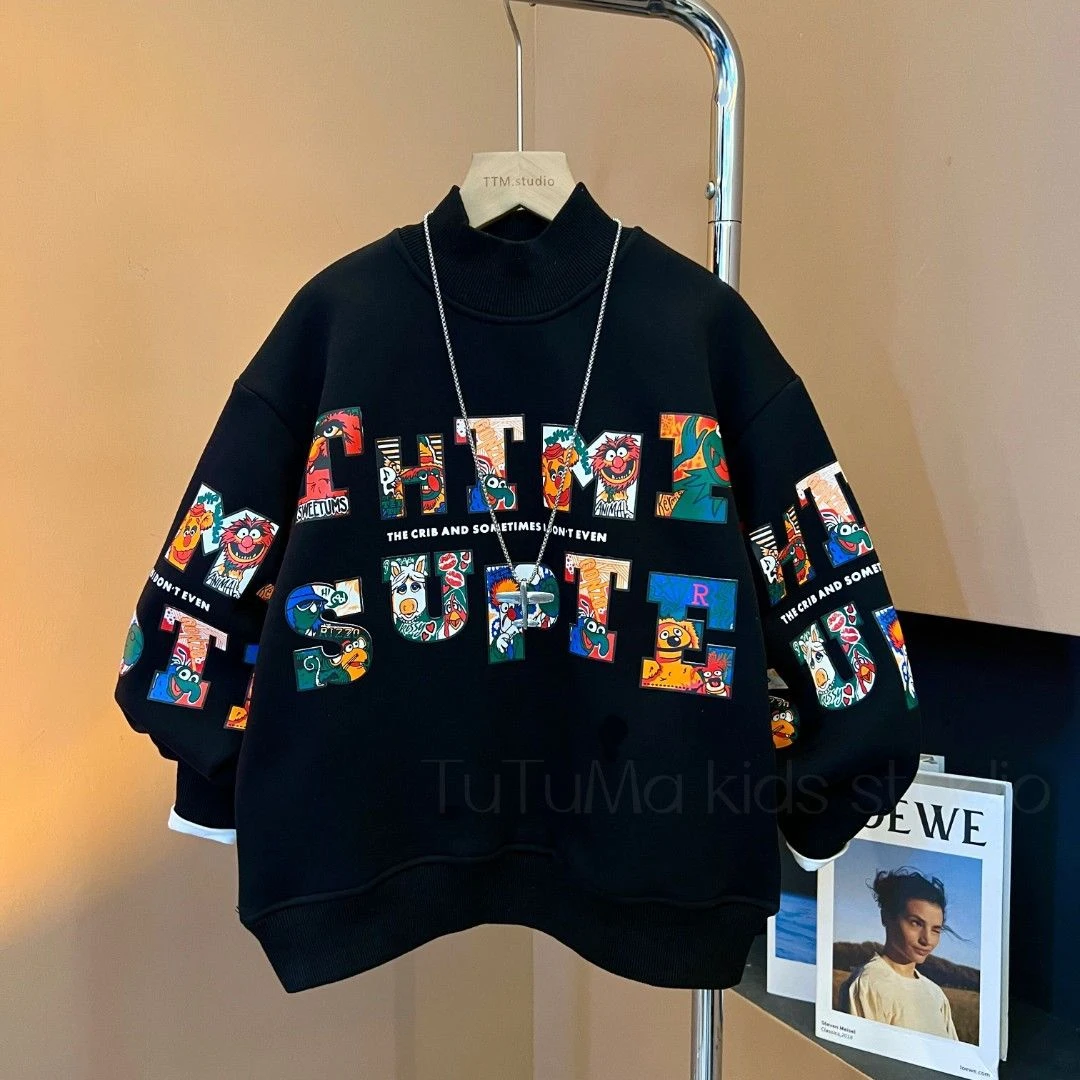 巴拉吧啦男童加绒卫衣2023秋冬新款洋气炸街时尚休闲男童加厚卫衣