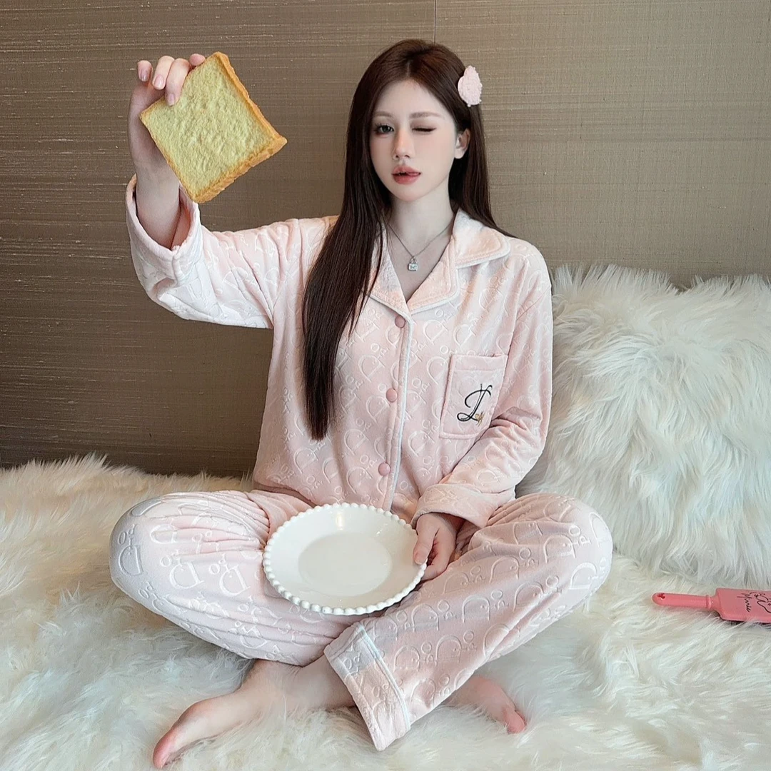 【海岛绒】CD小蜜蜂睡衣女秋冬季新款开衫保暖套装加厚加绒家居服