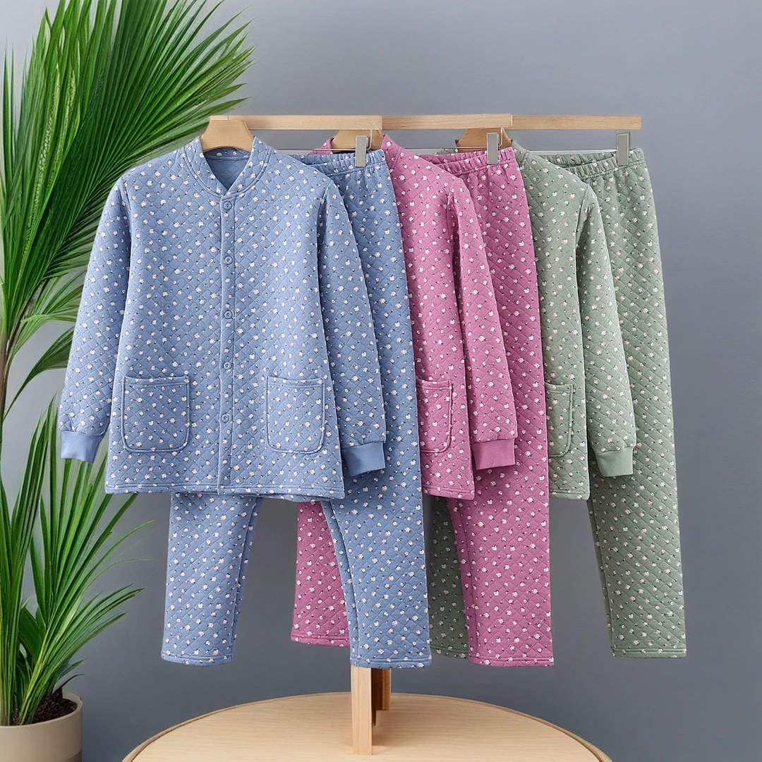 【女士三层夹棉保暖】内衣秋季妈妈大码秋衣内衣亲肤印花加厚中老年