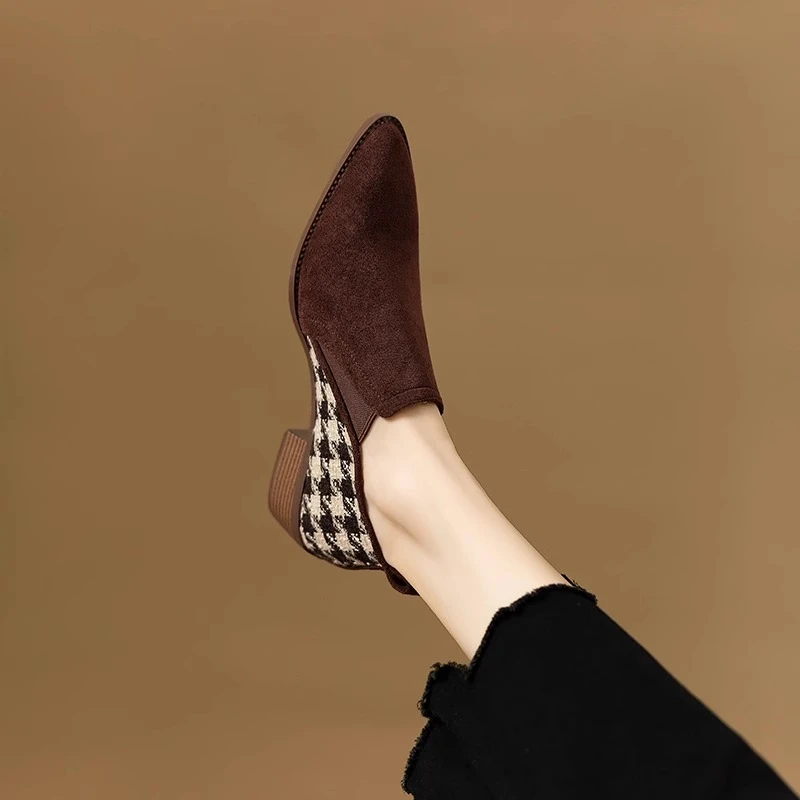 欧洲站2023秋季新磨砂深口单鞋女中跟尖头真皮复古高跟鞋粗跟裸靴