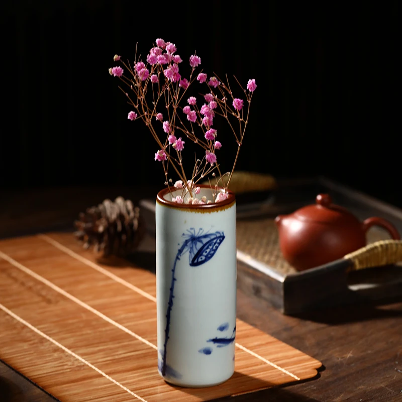 景德镇手绘陶瓷花瓶仿古中国风家居茶道桌面摆件插花青花瓷小花瓶