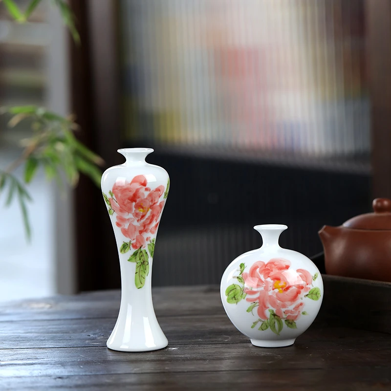景德镇高档小花瓶釉下彩手绘牡丹瓶摆件瓶装饰摆件瓶仿古插花小瓶