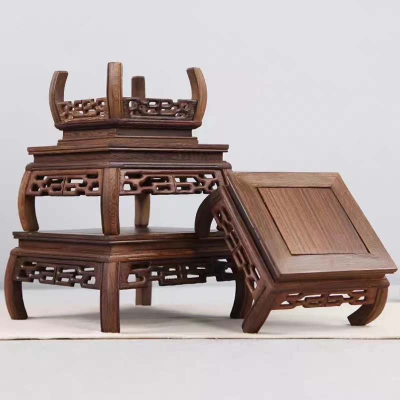鸡翅木底座红木工艺品摆件底座实木奇石头花盆佛像正方弯脚台木托