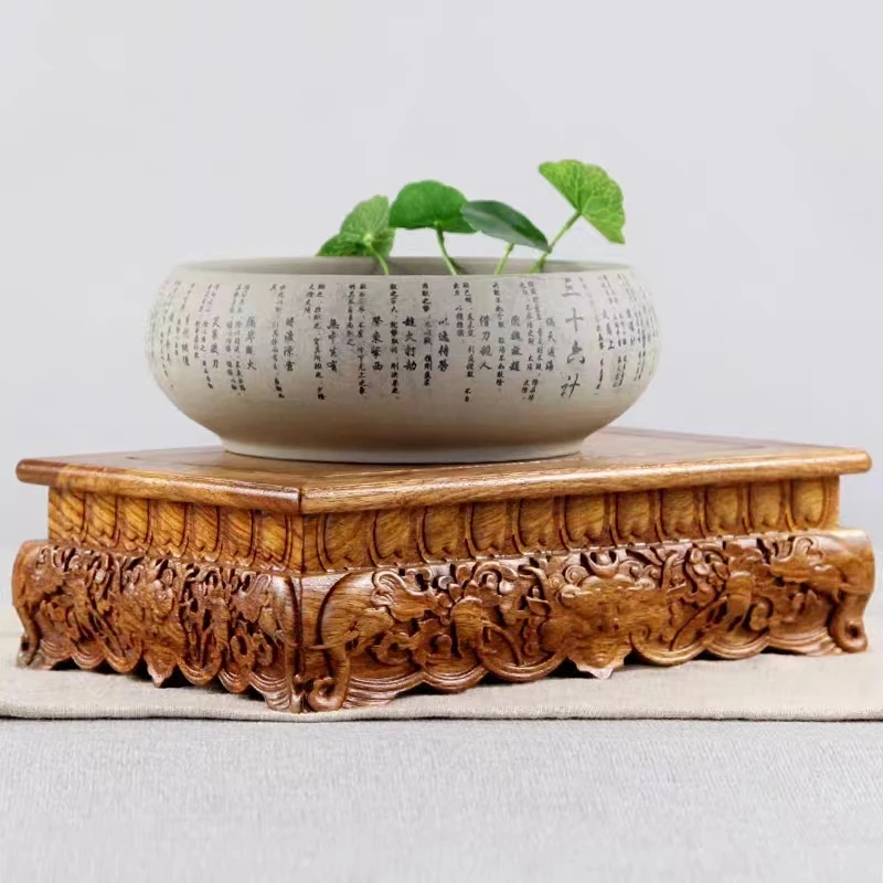 花梨木长方底座实木中式红木花盆龙象底座雕刻工艺品摆件花壶木托