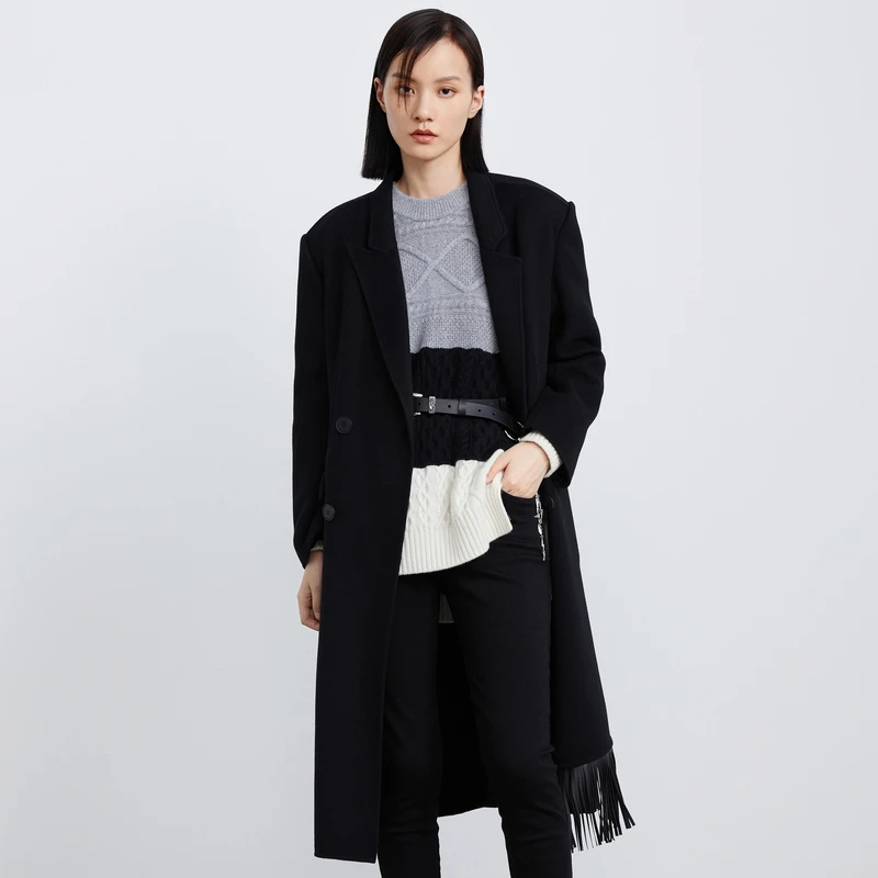 H.Genteel/荷高【商场同款】时尚雅黑格纹双面呢大衣GUB42500711-1