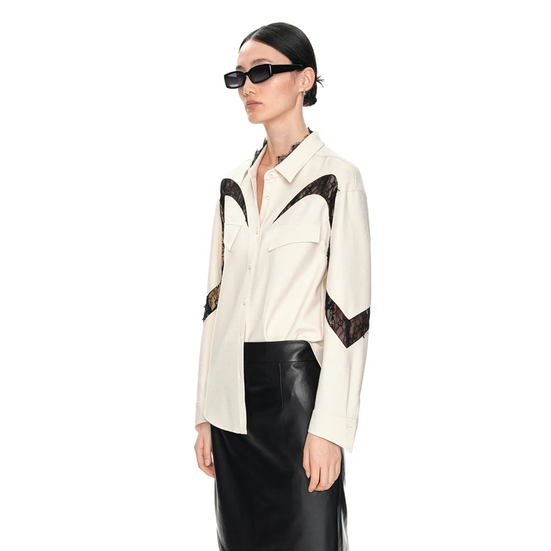 H·GENTEEL荷高23年新冬女蕾丝撞色拼接显瘦休闲衬衫GCD41630678