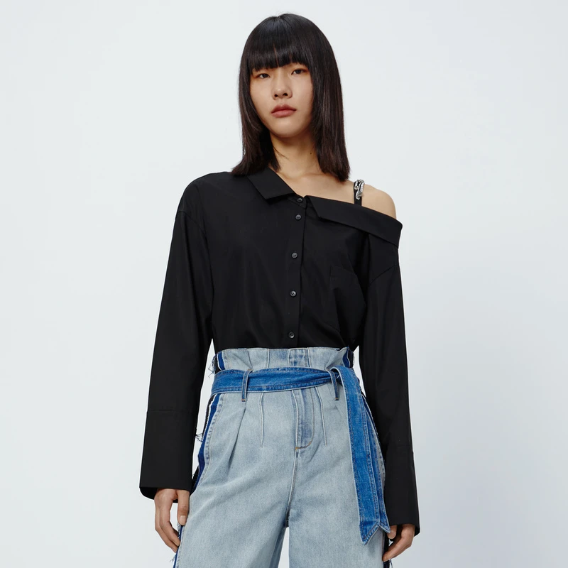 H.Genteel荷高2020春季女装时尚钻饰吊带露肩衣领衬衫GCA12630582