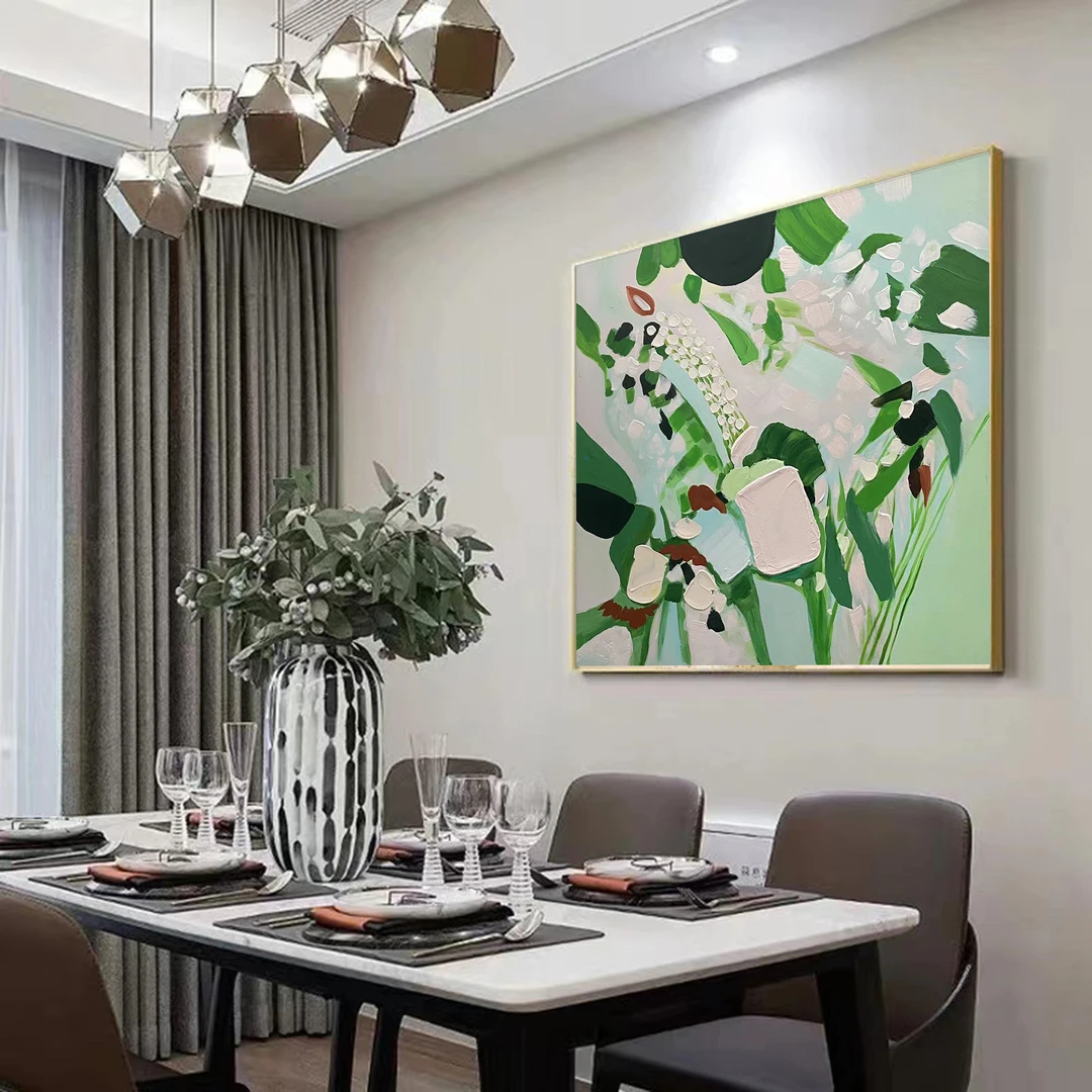 339-11 绿色系手绘油画轻奢画简美式背景画高级感法式温馨餐厅画