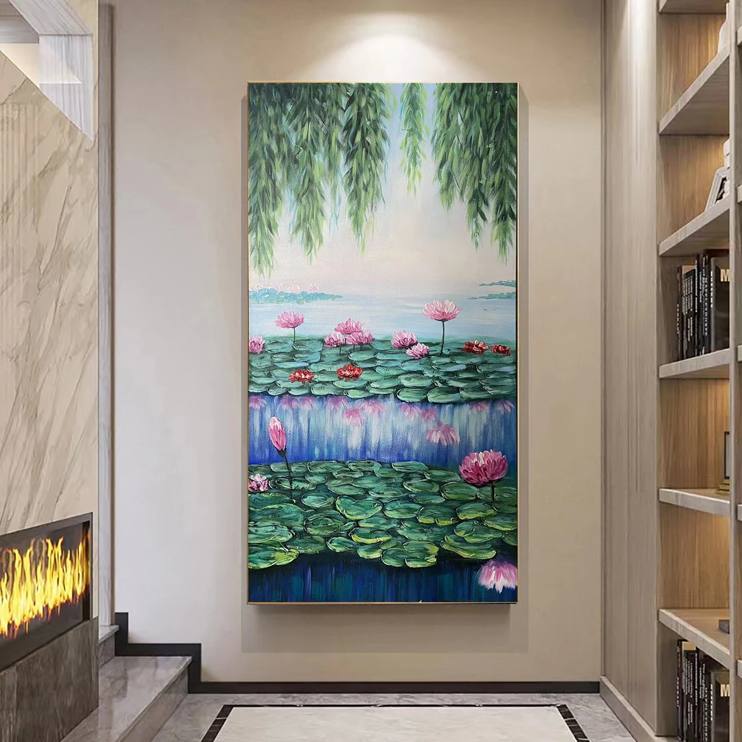 XG 681 荷塘夜色玄关画手绘油画抽象装饰画玄关画轻奢背景