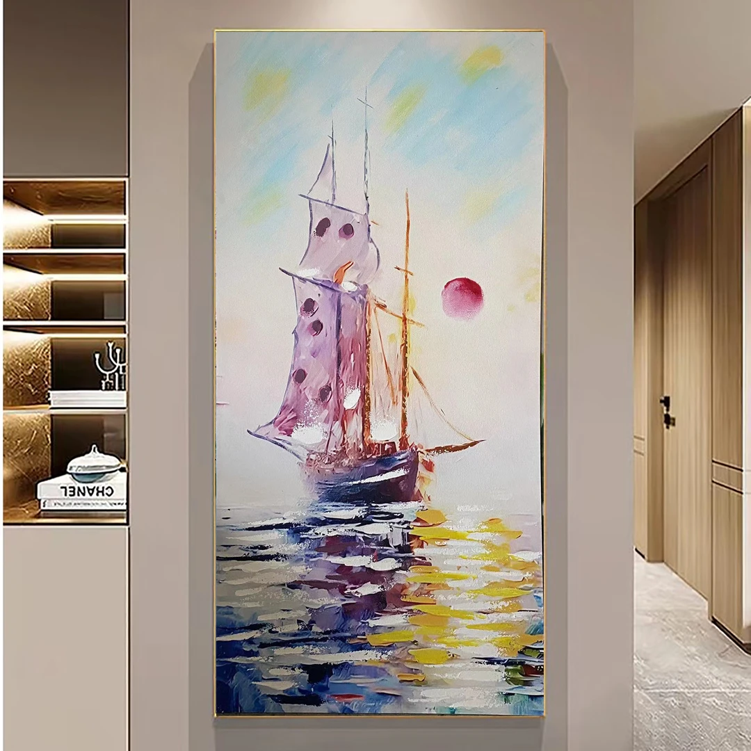 XG 638 一帆风顺玄关画手工砂岩添笔装饰画玄关画80/160