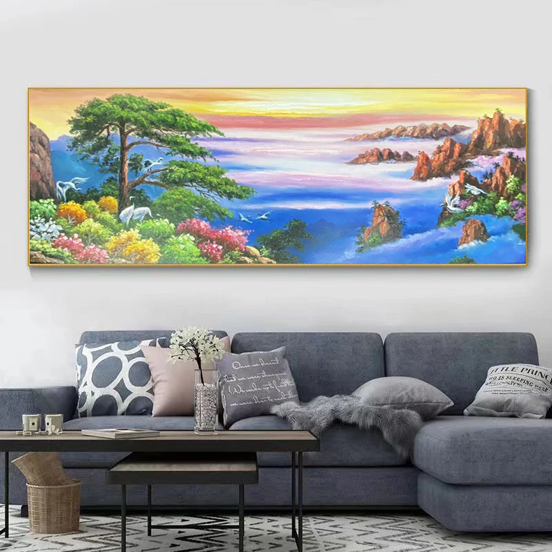 SF  126 鹤寿延年手绘油画装饰画客厅单联画沙发轻奢背景挂画横款