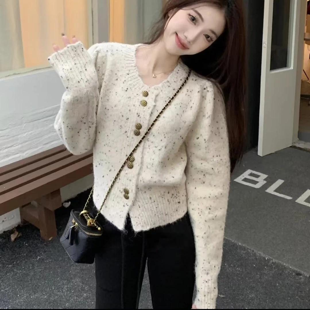 9057#秋冬新款大码蓝纹奶酪气质长袖针织衫开衫温柔巨显瘦上衣