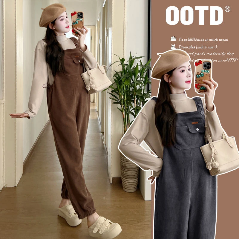孕妇背带裤秋冬2024新款两件套潮妈套装宽松时尚休闲大码长裤秋装