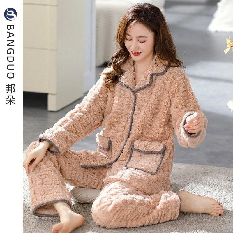 邦朵睡衣女秋冬法兰绒加厚加绒冬季珊瑚绒保暖女士家居服冬款套装