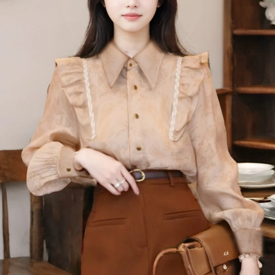 新款9970复古港风荷叶边长袖时尚洋气质衬衫上衣