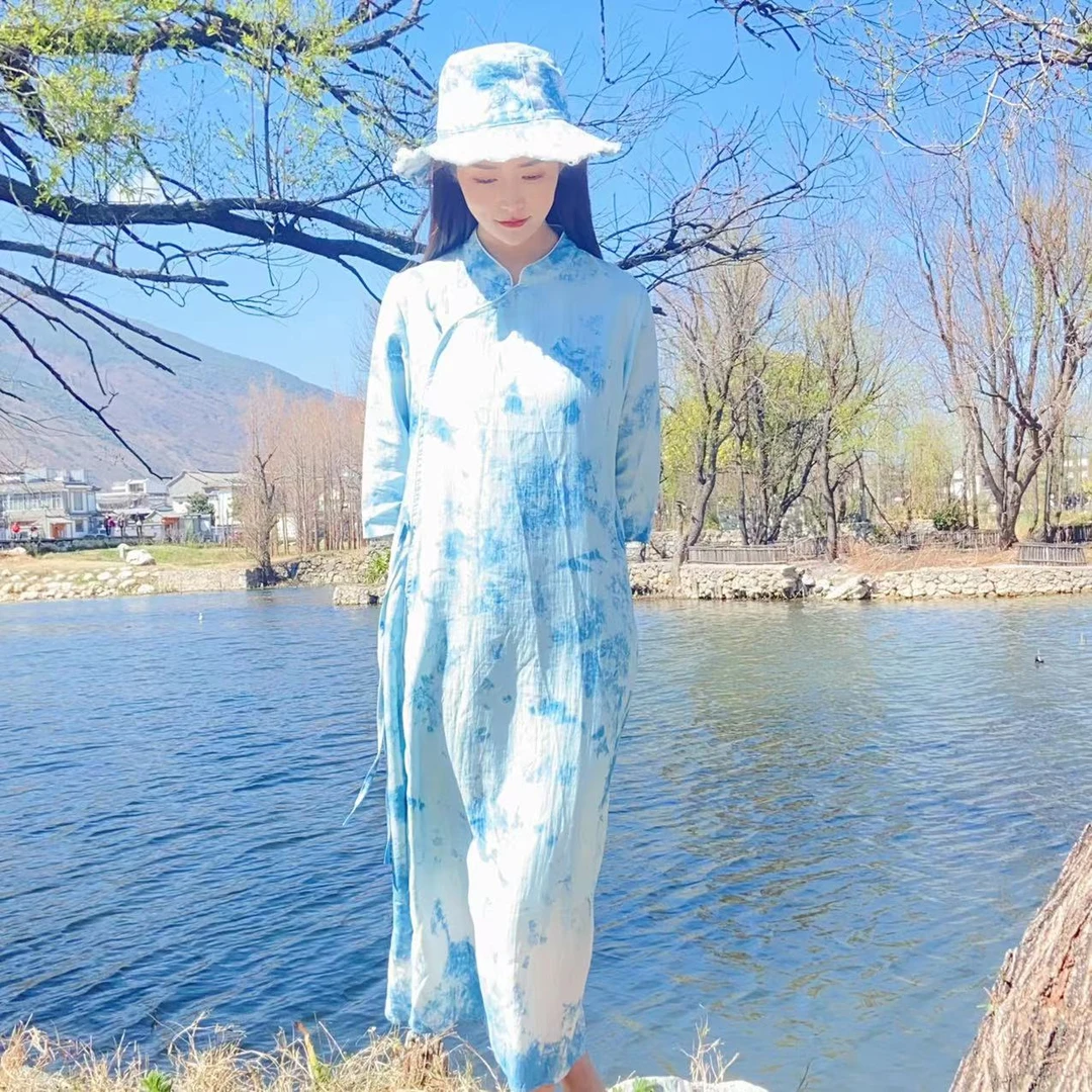 《周城蓝扎染》纯手工植物染改良旗袍连衣裙春夏气质款