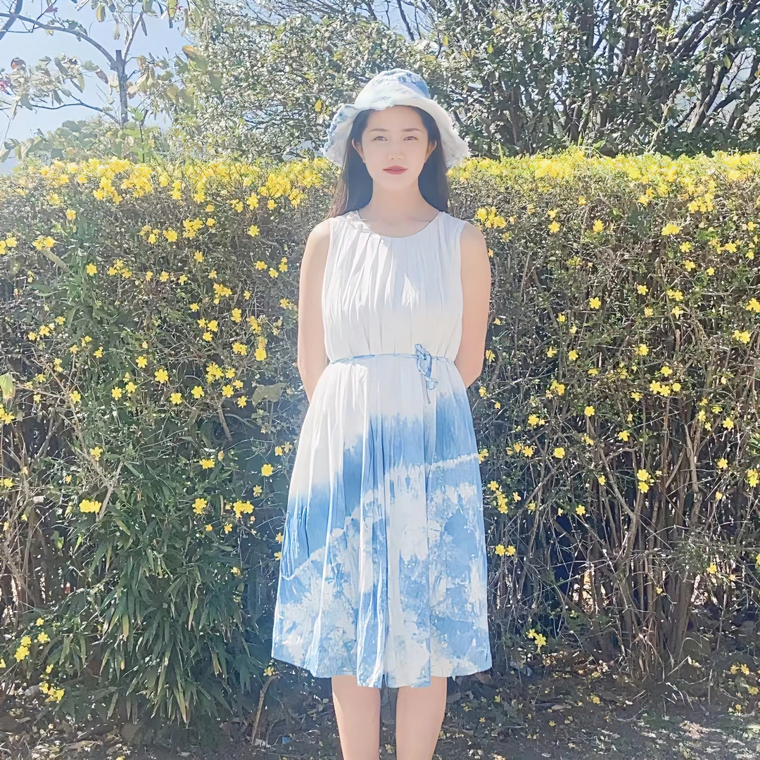 《周城蓝扎染》纯手工植物染宽肩带背心裙时尚休闲款女装连衣裙