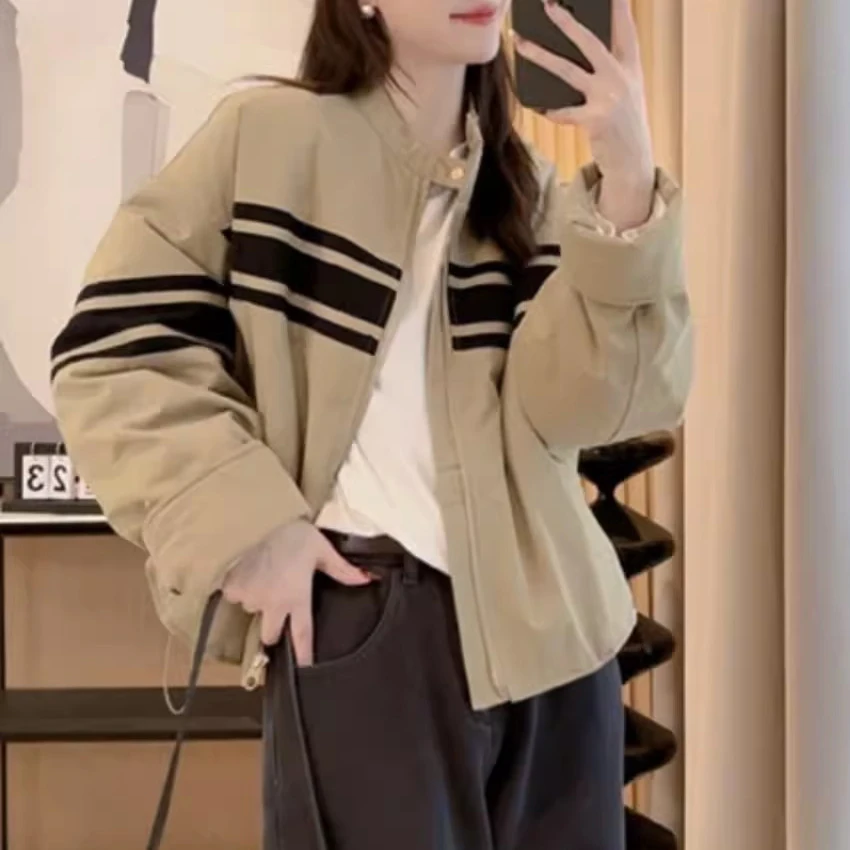 6726撞色拼接宽松显瘦短款棉服外套2024冬季新款女棒球服保暖上衣