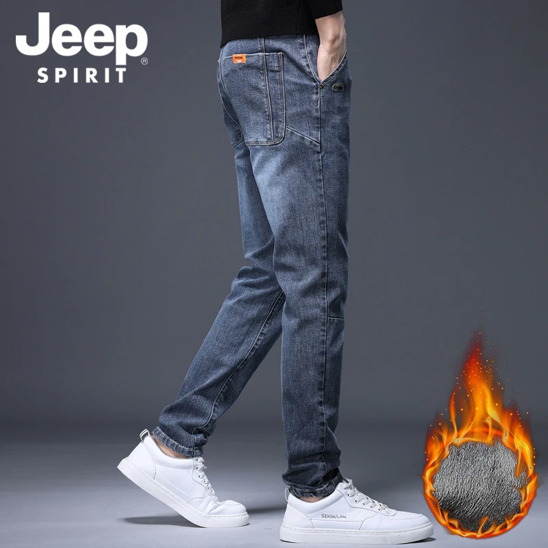 JEEPSPIRIT加绒牛仔裤男士冬季加厚保暖休闲百搭直筒帅气潮流长裤