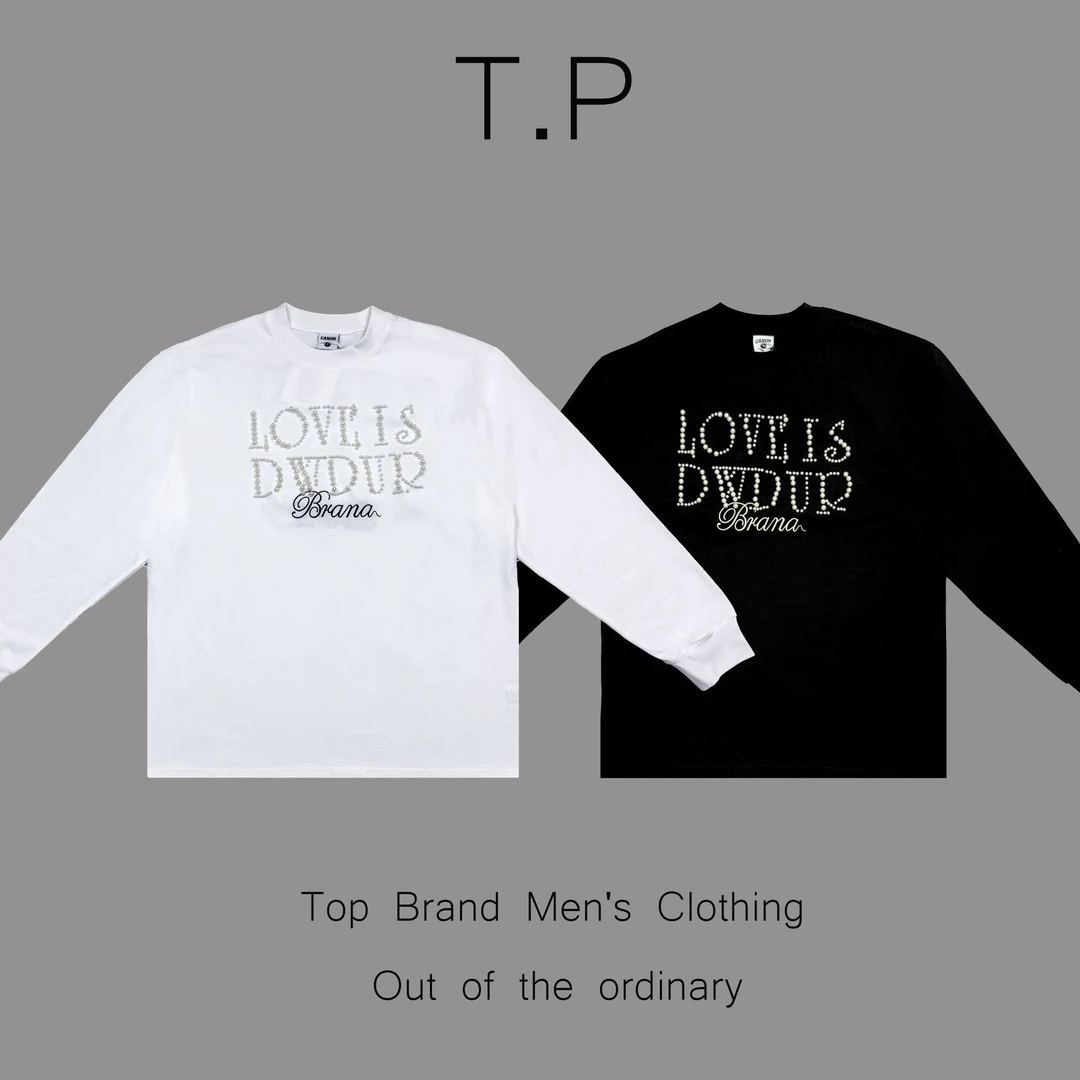 秋冬季新款时尚潮流铆钉珍珠设计男女情侣刺绣长袖T恤打底衫男