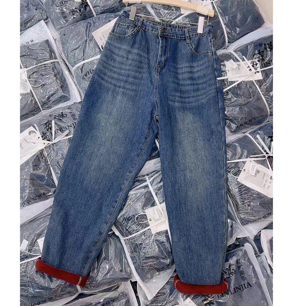 莲莲专属-20012蓝色加绒牛仔老爹裤