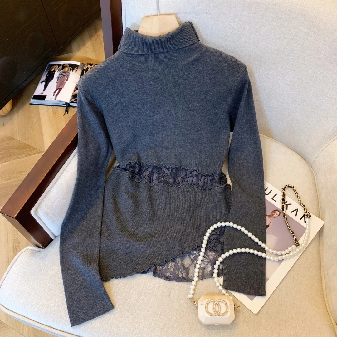 修身高领毛衣针织衫长袖女秋冬款拼接蕾丝镂空内搭打底衫微透上衣