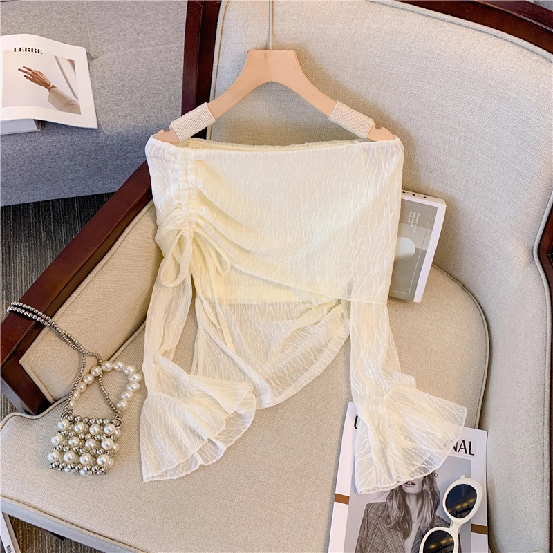 设计感露肩系带衬衫长袖内搭女秋季小众短款一字肩衬衣打底衫上衣