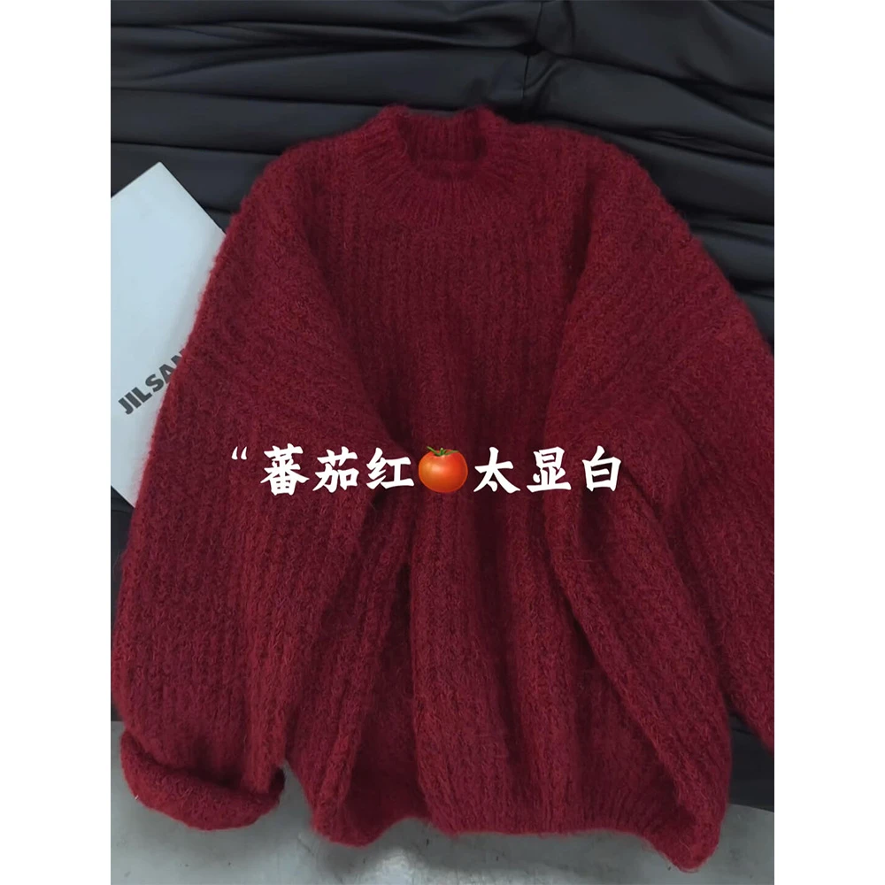 韩系慵懒高级感本命年红色针织衫女款冬季外穿浣熊绒毛衣外套上衣