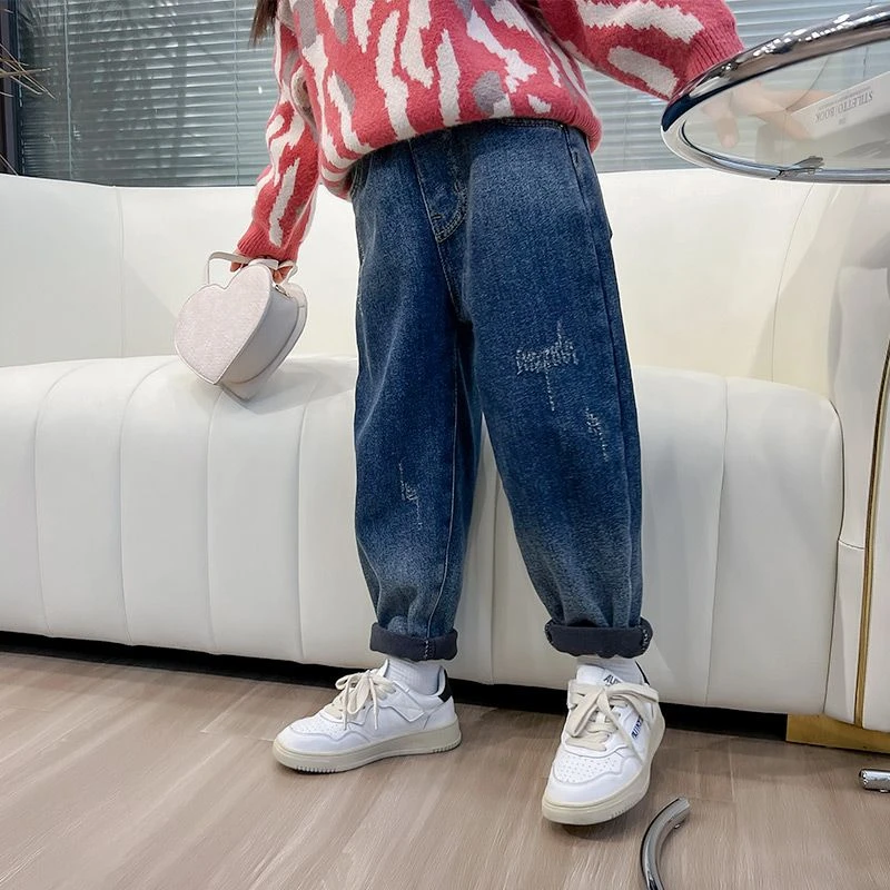 男童牛仔裤春装2023儿童直筒裤子中大童秋冬季加绒加厚外穿长裤子
