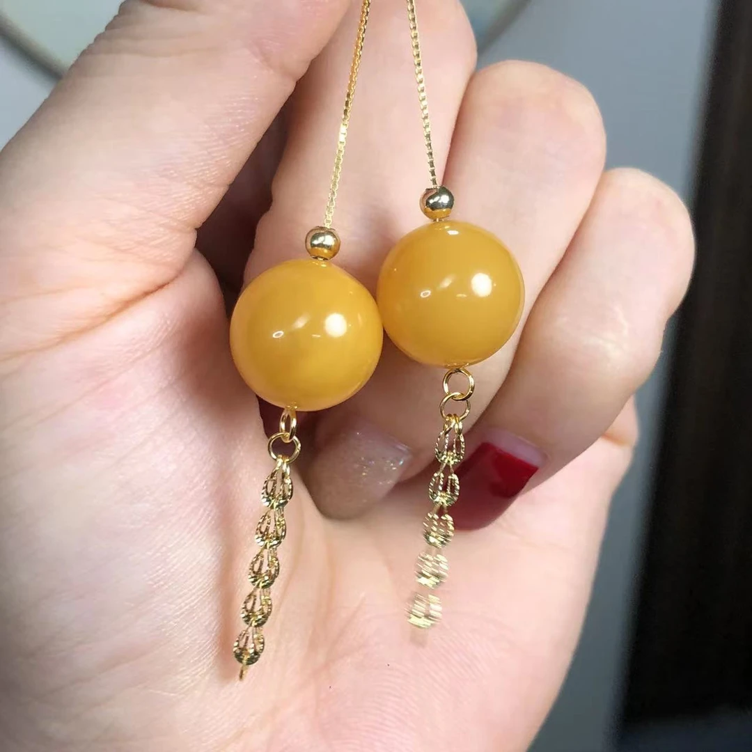 【艳姐珠宝】925银蜜蜡圆珠耳坠13mm±/19521