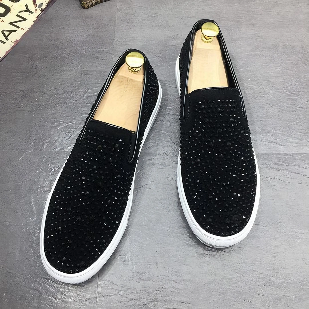 秋季鞋子潮流韩版网红小皮鞋新款个性豆豆鞋一脚蹬百搭镶钻男鞋