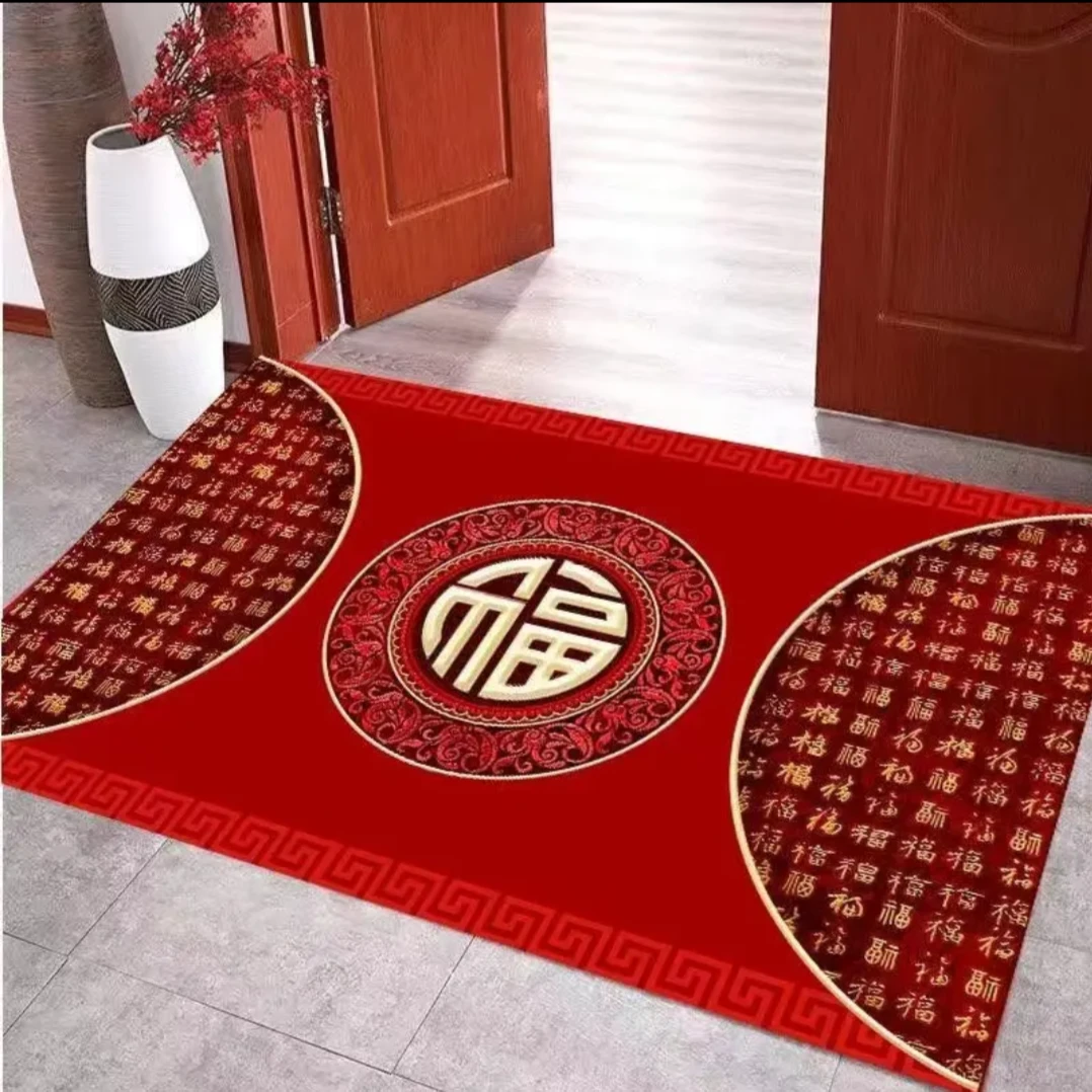 《百福图》红色喜庆门垫入户门厅水晶绒裁剪水洗地毯吸尘L189