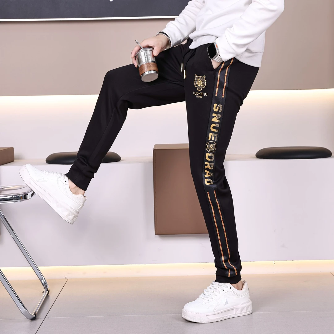 欧洲站夏季男士欧货老虎休闲卫裤高级感时尚百搭束脚裤黑色长裤