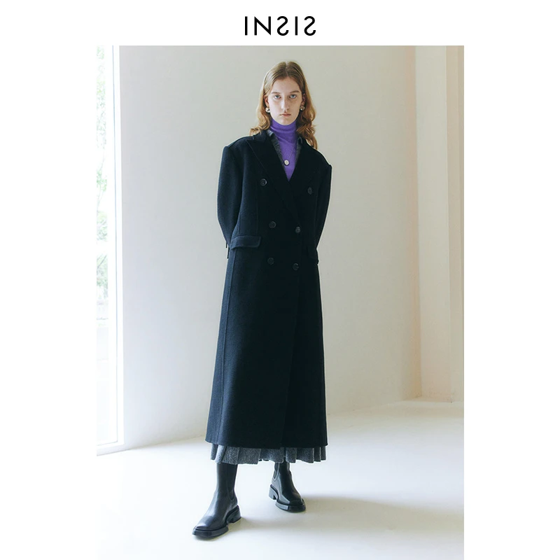 INSIS FEMME戗驳领流苏大衣冬新款中长羊毛肌理毛呢外套