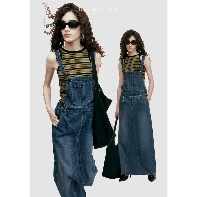 Demode牛仔直筒背带长裙2023夏季新款纯棉美式复古毛边a字半身裙