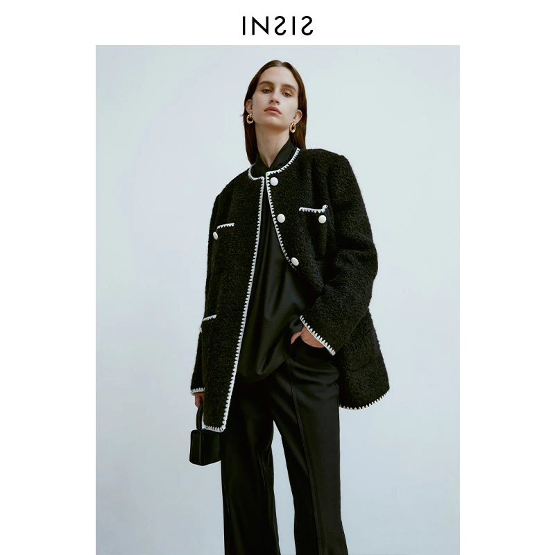 INSIS FEMME贝壳绣中长香风外套女羊毛呢大衣小香风