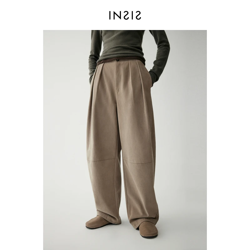 INSIS FEMME日系磨毛长绒棉双褶宽松立体弧形长裤FN24412204