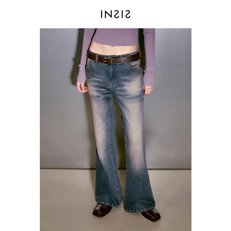 INSIS FEMME[复古牛仔]长绒棉百搭水洗做旧秋新款低腰牛仔喇叭裤