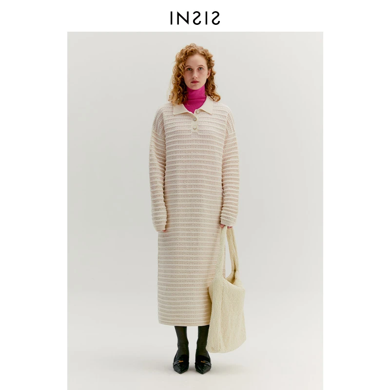 INSIS FEMMEPOLO领肌理针织连衣裙女2022秋新款设计感长款羊毛衫