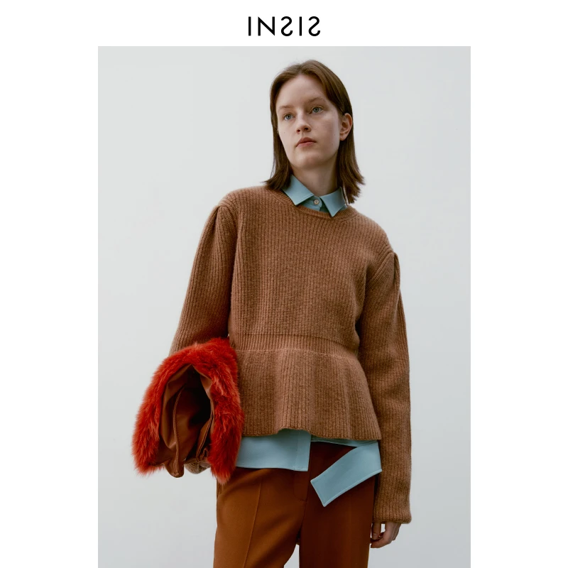 INSIS FEMME荷叶摆圆领套头毛衫2022冬新品女美利诺针织衫ol