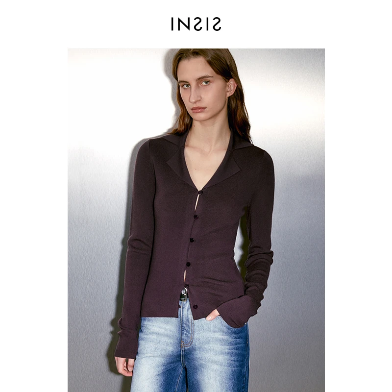 INSIS FEMME复古百搭120s可机洗羊毛翻领修身针织开衫FN23321822