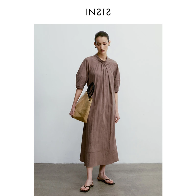 INSIS FEMME立领插肩灯笼袖A摆连衣裙纸感棉设计长裙女装