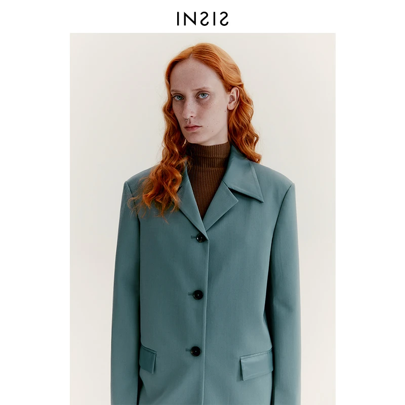 INSIS FEMME廓形拼接西装女2022年早秋新品环保皮拼接设计感外套