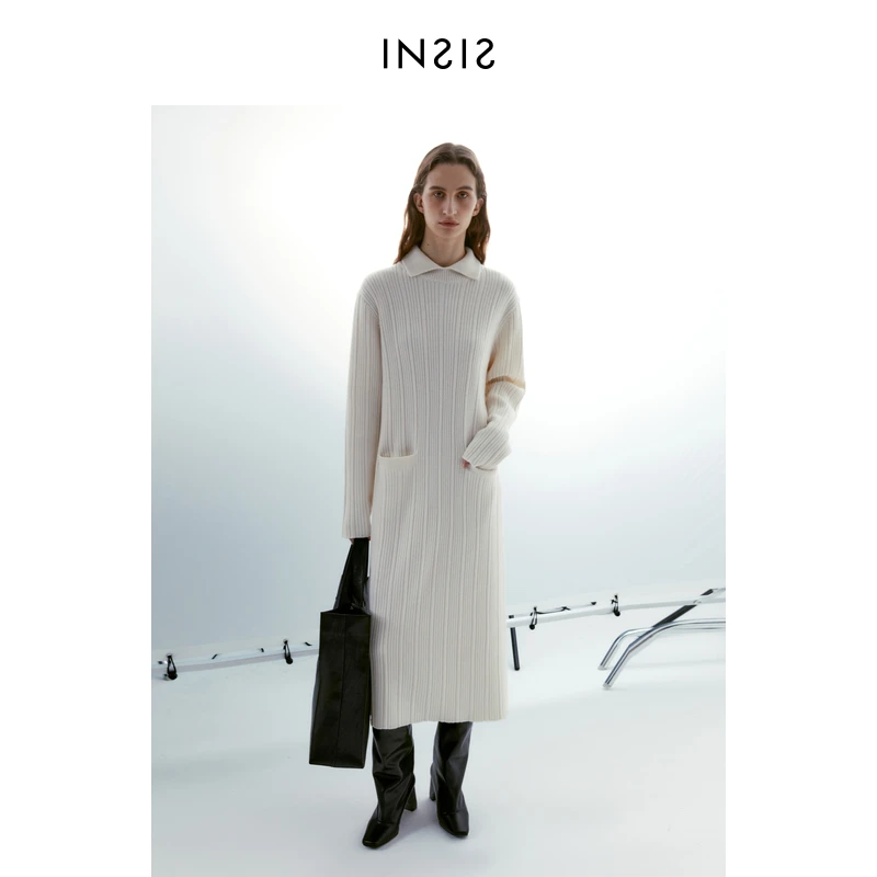 INSIS FEMME北欧风美丽诺羊毛秋冬新款翻领H型长款极简针织连衣裙