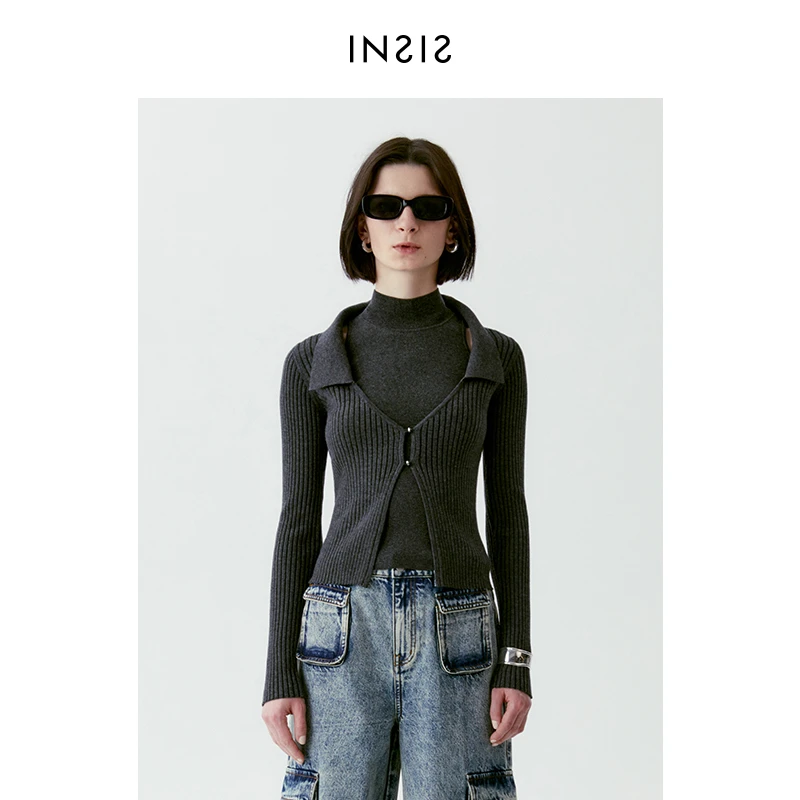 【反季特卖】INSIS FEMME叠搭RWS高支羊毛棉两粒扣紧身显瘦针织开衫