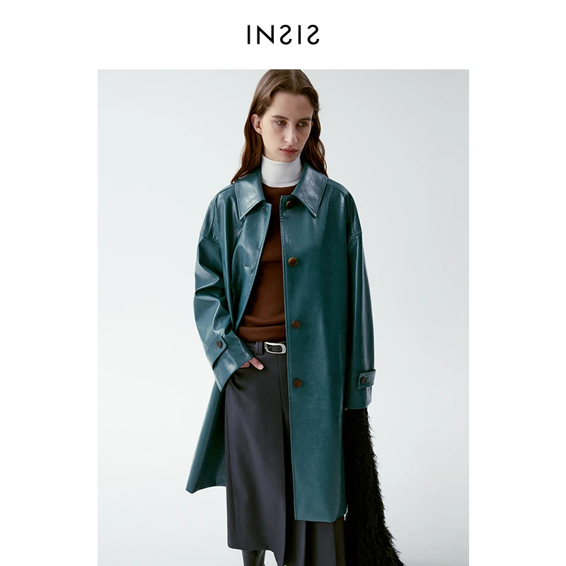 【反季特卖】INSIS FEMME复古CLEAN FIT环保皮廓形中长皮风衣外套