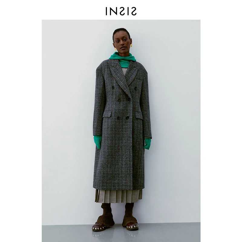 INSIS FEMME枪驳领双排扣大衣女2022年冬季新款绵羊毛毛呢外套